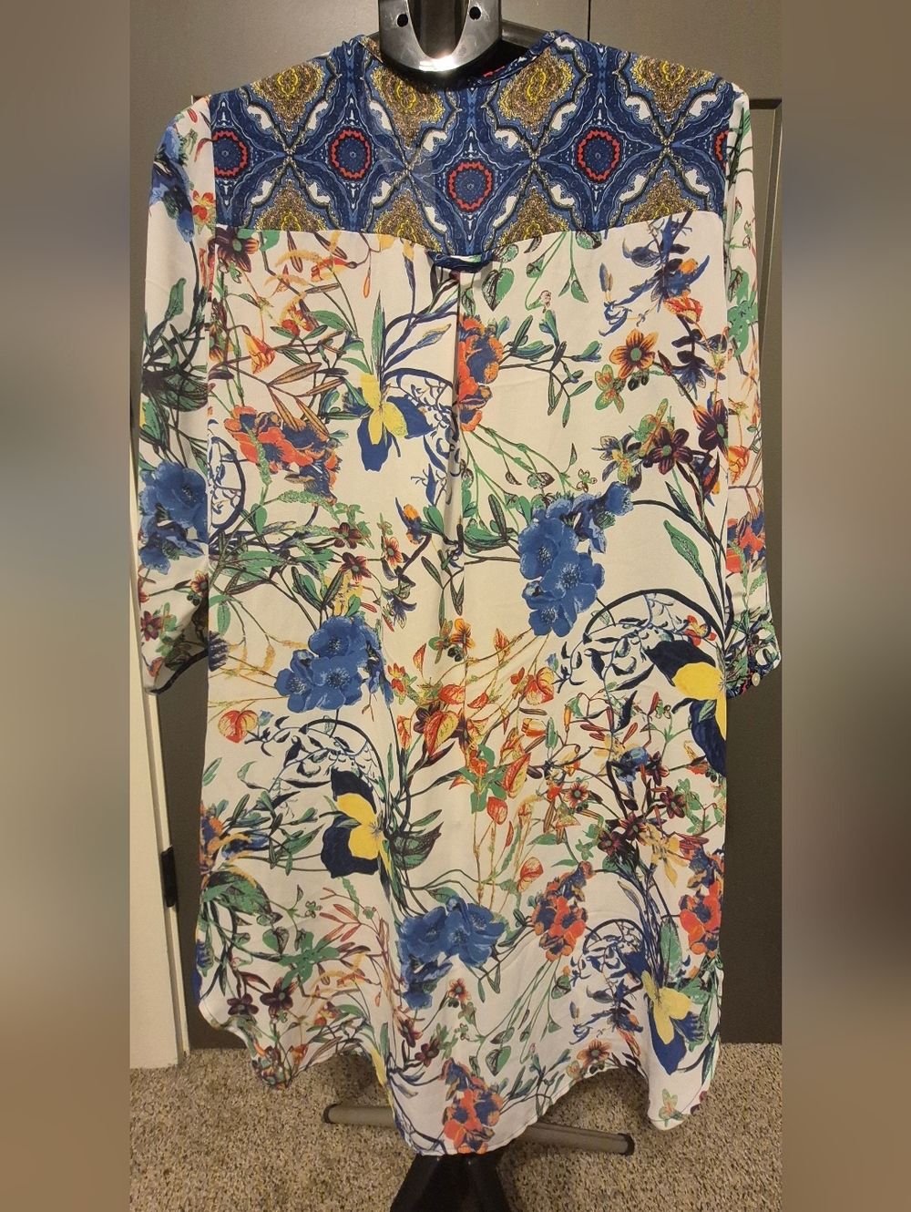 Fig & Flower Floral Boho Blouse Patchwork Pocket Top Cottagecore Blue Yellow - Picture 4 of 7